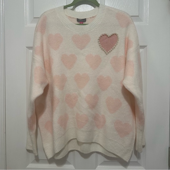 Vince Camuto Cream and Pink Heart Sweater with Pearl Detail Size Large. - Picture 2 of 15